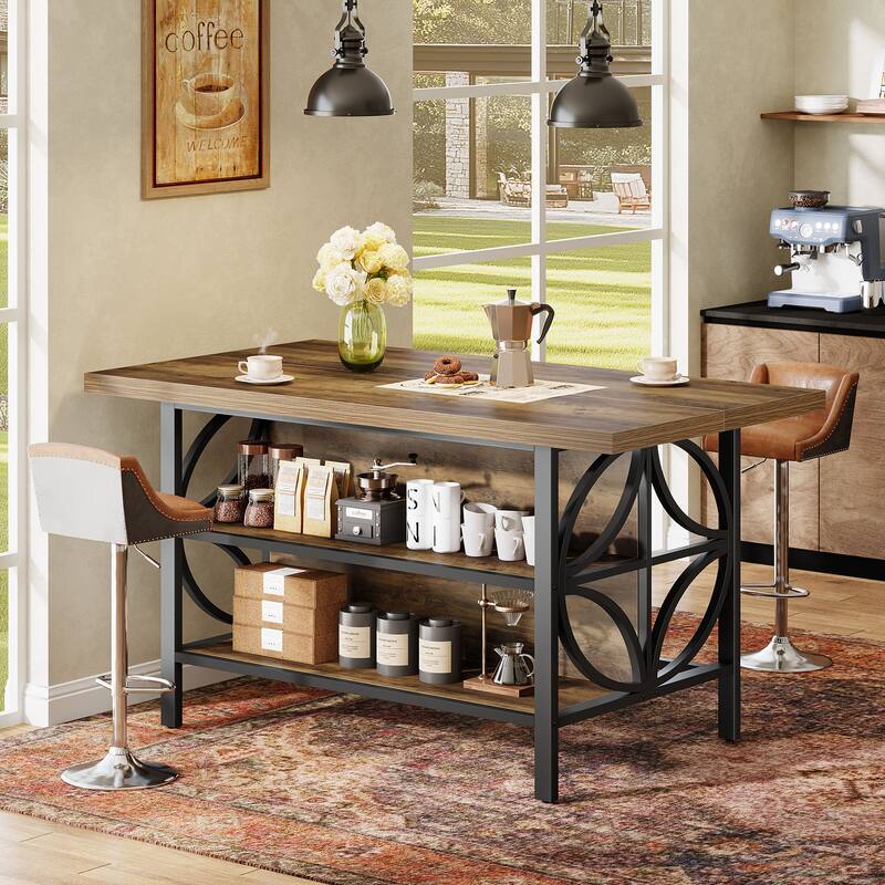 63-Inch Large Home Bar Table with Footrest, Rustic Brown