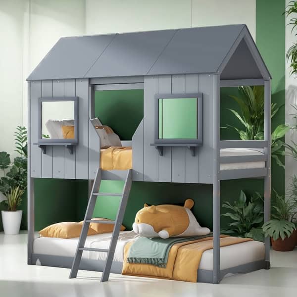 slide 2 of 9, Twin over Twin Bunk Bed with Roof, Window, Guardrail and Ladder, Grey Grey