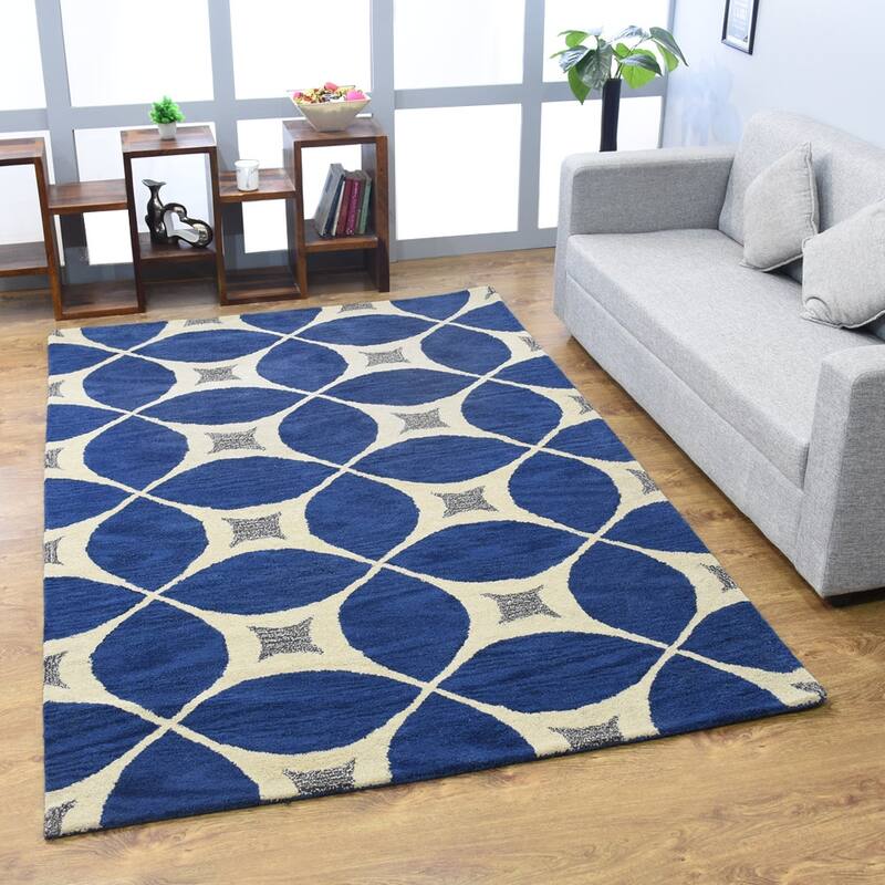 Geometric Blue Modern Area Rug Hand-Tufted Abstract Wool Carpet