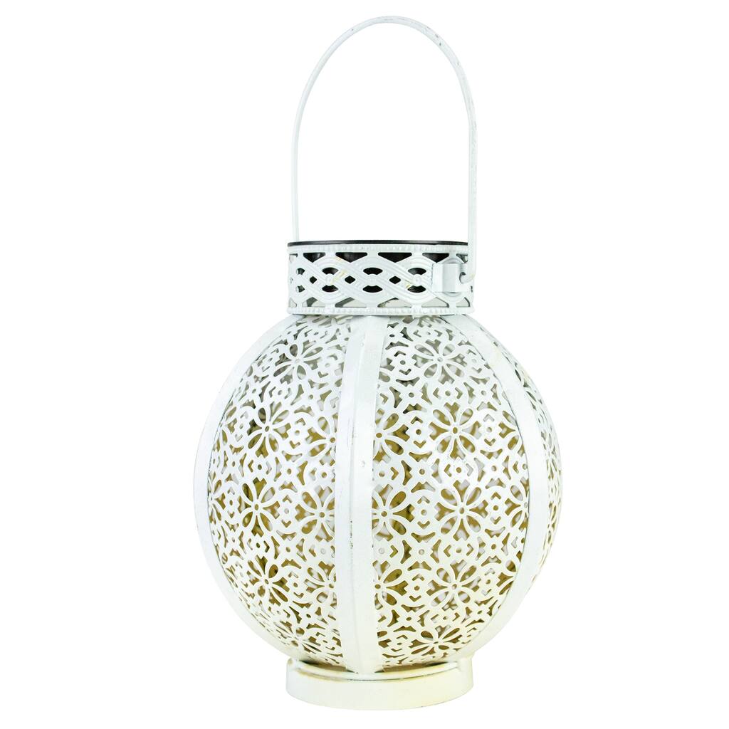 7" White Integrated Floral Pattern Outdoor Solar Lantern with Handle - 7