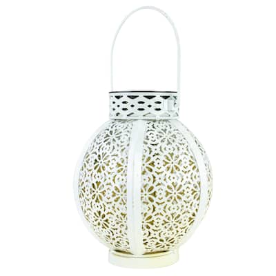 7" White Integrated Floral Pattern Outdoor Solar Lantern with Handle