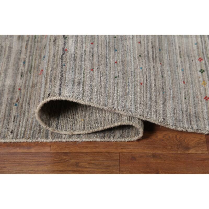 Striped Gabbeh Square Rug Hand-Knotted Oriental Beige Wool Carpet - 9'9"x 9'8"