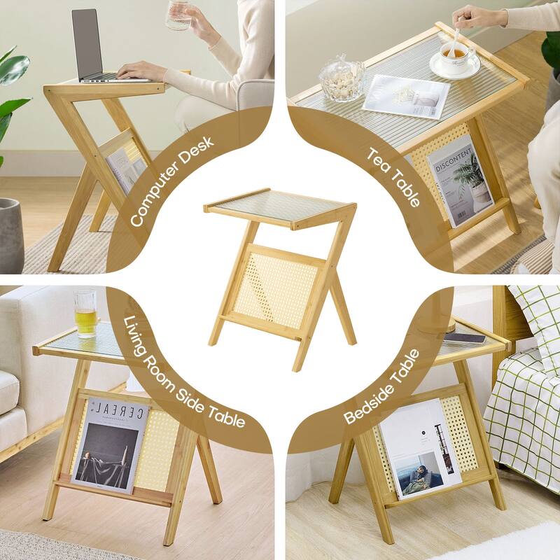 Bamboo Glass Top Side Table Accent End Table with Magazine Rack