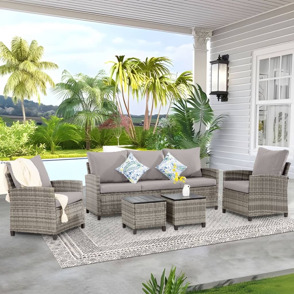 6pcs Wicker Patio Conversation Set Seating Loveseat Sofa with Ottomans