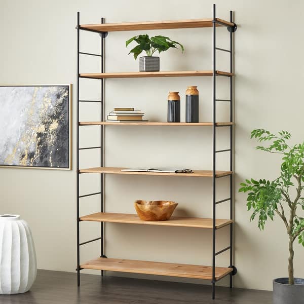 Brown Wood Rectangular 6 Level Storage Shelving Unit with Black Metal ...