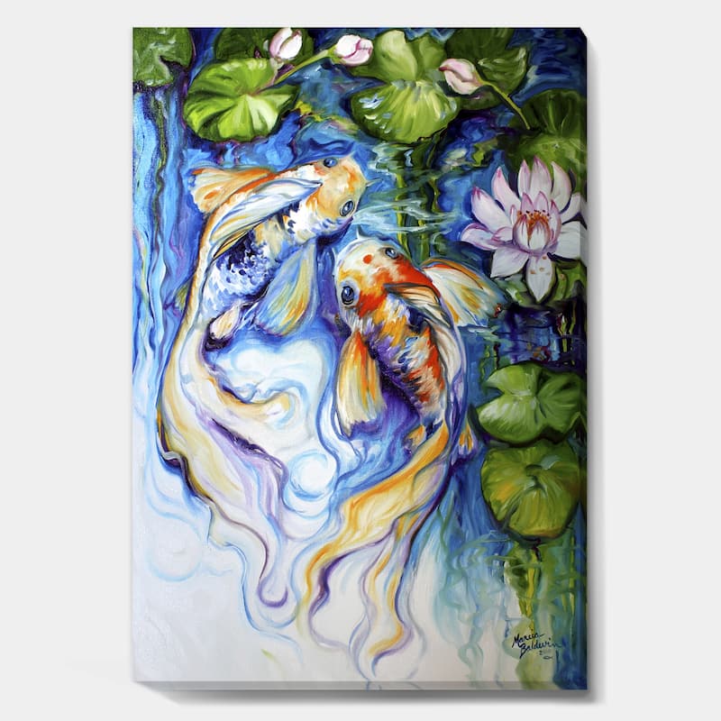 Designart "Koi Koi And Lily" Nautical & Coastal Premium Canvas Wall Art