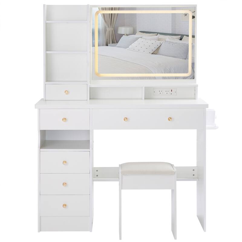41" Large Size Left Drawer Desktop Vanity Table + Cushioned Stool Dresser Set, 2 AC+2 USB Power Station, Hair Dryer Stand