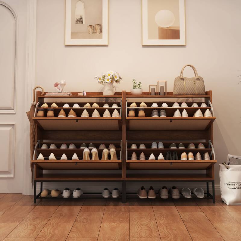 Free-standing Two-tier Flip-out Drawer Wooden Shoe Storage