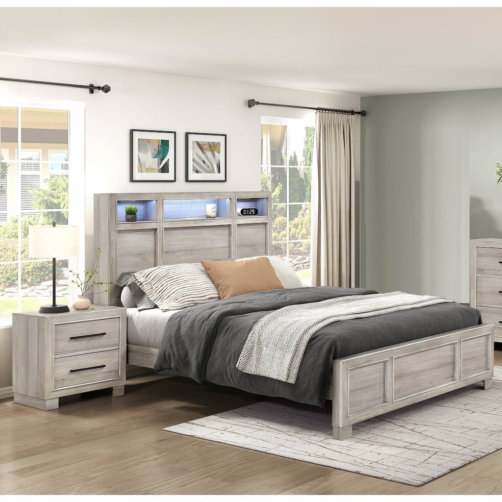 Gray Finish Modern Bedroom Set 3pc Bed and Two Nightstands