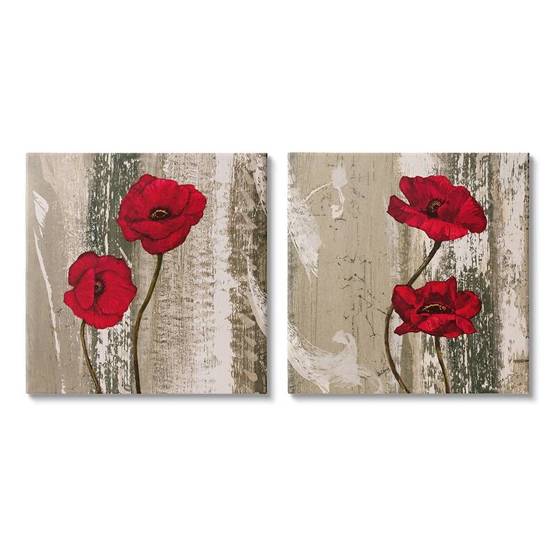 Stupell Vibrant Red Poppies Rustic Brown Wood Grain, 2pc Multi Piece Canvas Wall Art Set - 24 x 24