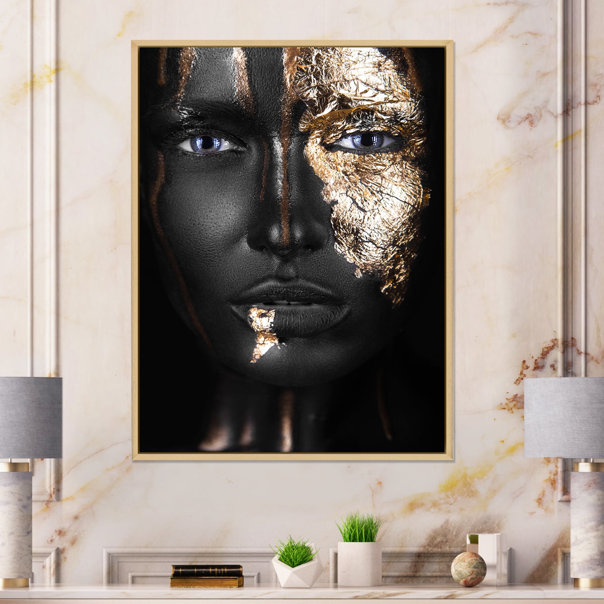 Designart Portrait of A African American Girl with Gold Makeup Modern  Framed Canvas Wall Art Print - On Sale - Bed Bath & Beyond - 33753752