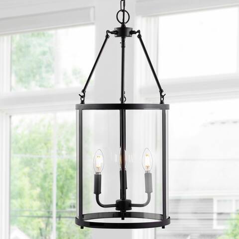 Iris 12" 3-Light Industrial Farmhouse Iron/Glass LED Pendant, Oil Rubbed Bronze/Clear by JONATHAN Y - 3 Light