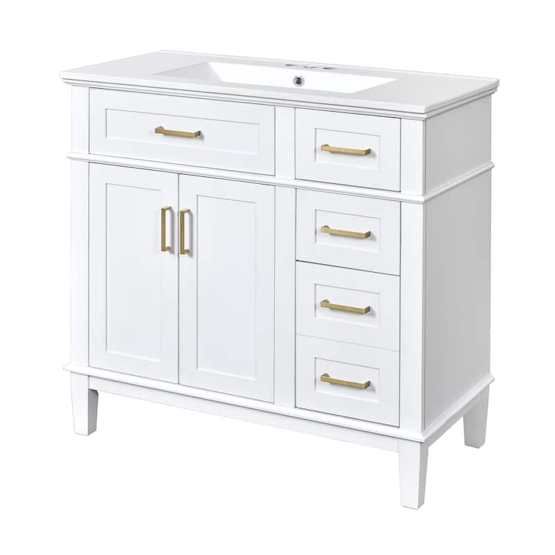36" White Modern Bathroom Vanity with Ceramic Sink, Soft Close Doors, 4 Drawers for Storage, Elegant Design