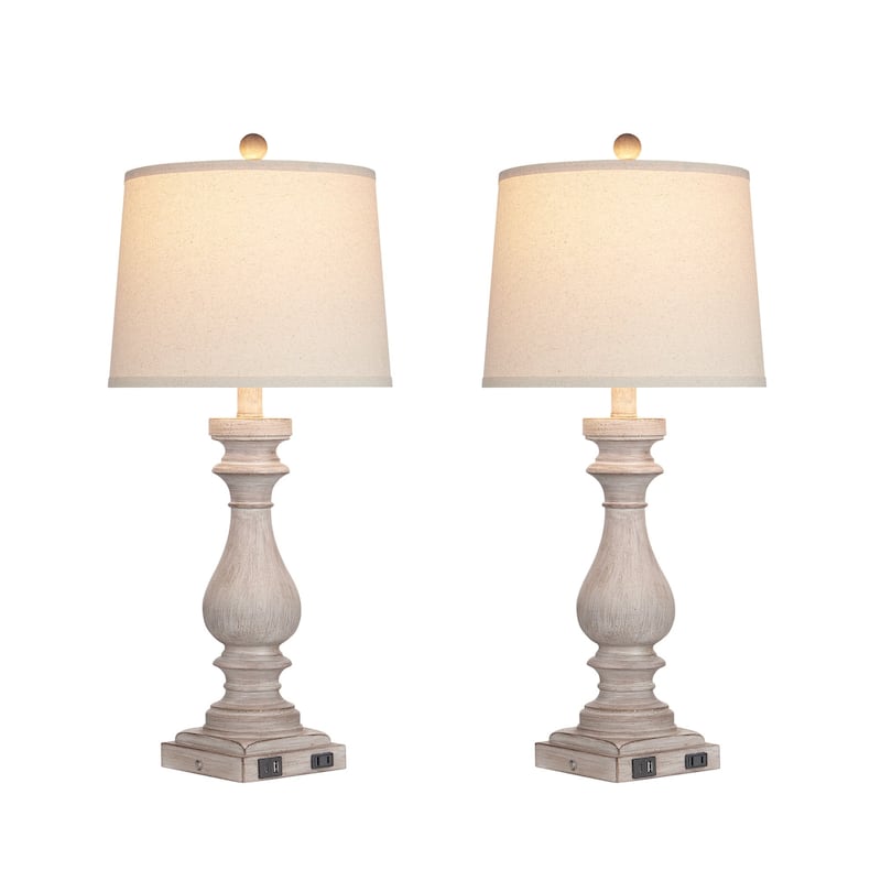 27.5'' Bedside Gray Table Lamp Oatmeal Linen Shade, USB/Type-C Charging, 3-way Dimmable LED Bulb (Set of 2)