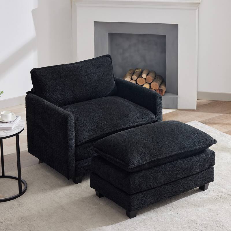 CLICKBIN Chenille Fabric Stragiht Arm L-Shaped Modular Sectional Sofa Couch with Ottoman for Living Room - Black