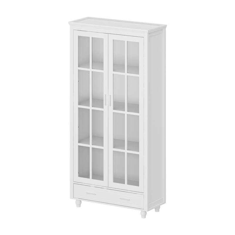 White Bookcase with Glass Doors Display Cabinet Bookshelf Organizer - 70.9"Hx36.2"W