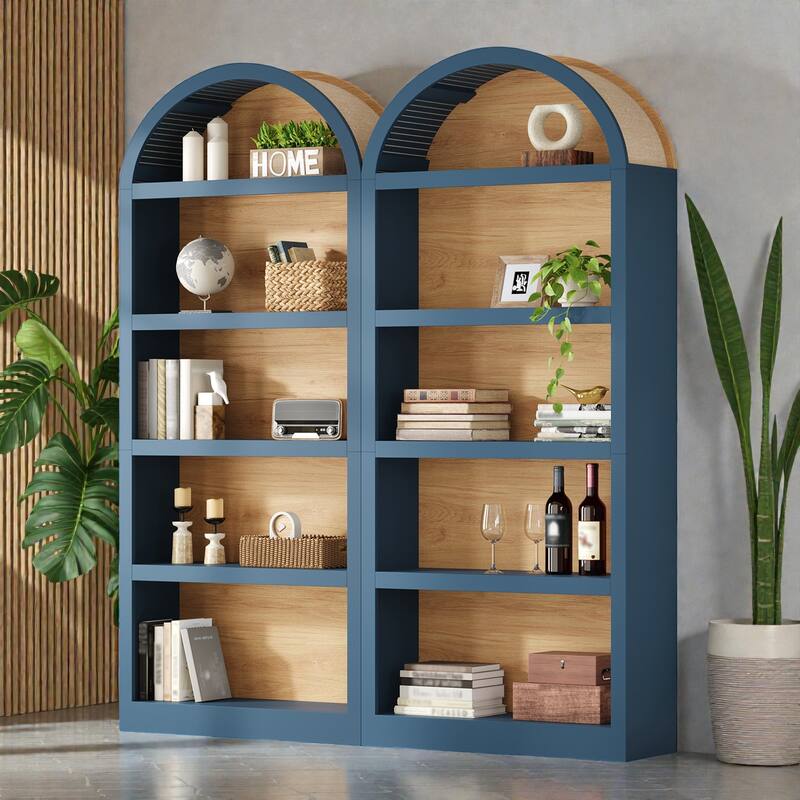 Farmhouse Tall Bookshelves Set of 2, Two Tone Arched Open Bookcase with Fabric Top, 5 Tier Storage Cabinet