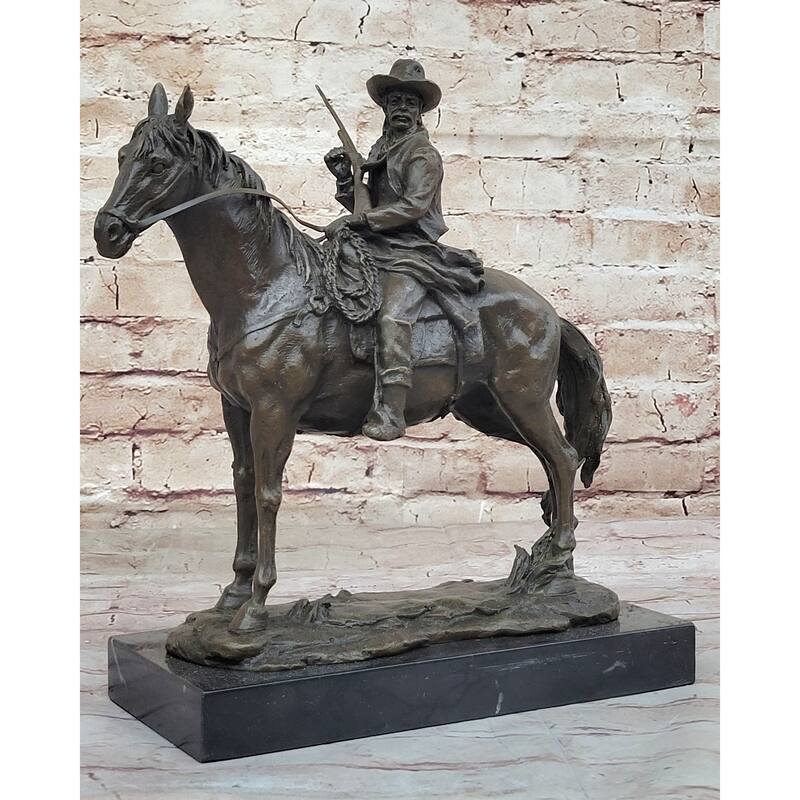 Bronze Remington Tribute Cowboy W/ Rifle Riding Horse Sculpture Statue Marble 12 Inches X 12 Inches