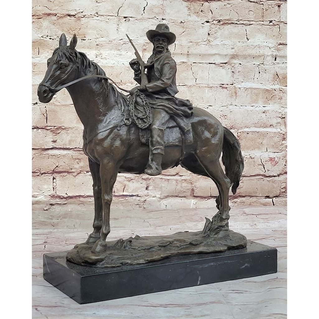 Bronze Remington Tribute Cowboy W/ Rifle Riding Horse Sculpture Statue Marble 12 Inches X 12 Inches