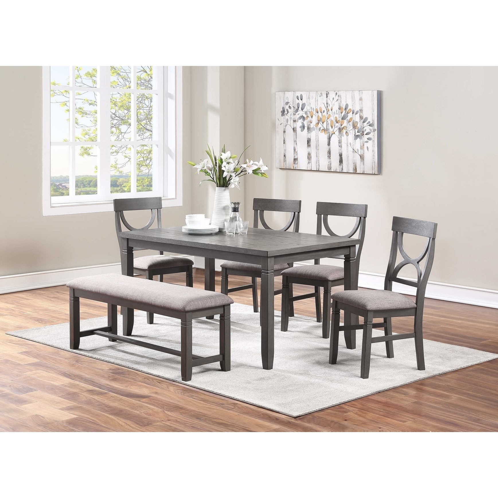 Rectangle Table 6pc Dining Set Gray Finish Upholstered Seat