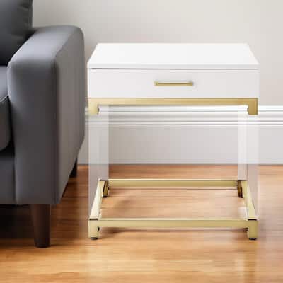 HomeRoots 24" White and Gold Wood Acrylic and Stainless Steel Square End Table With Drawer - 24' X '24' X '24