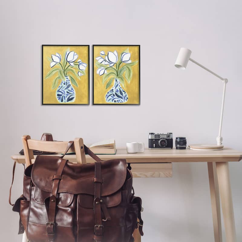 Stupell Tulip Vases on Yellow Framed Giclee Art Design By June Erica Vess (Set of 2)