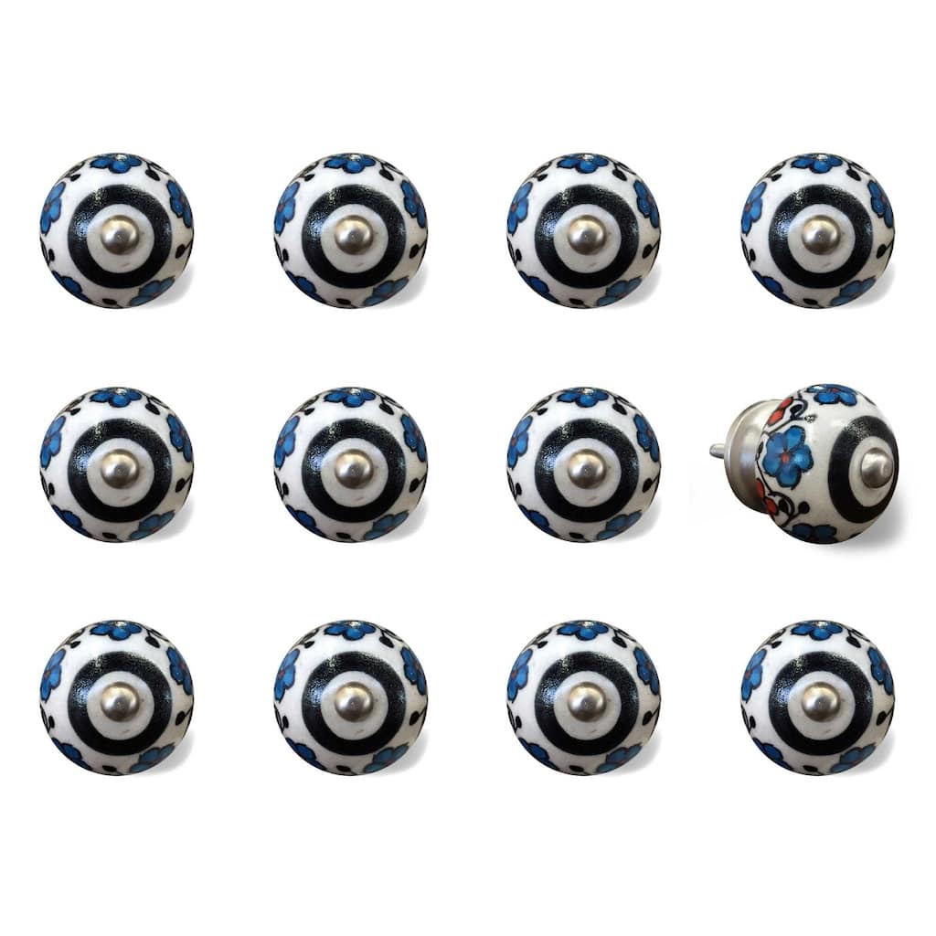 Set of 12 Ceramic Round Knobs with Silver Finish for Cabinets Drawers or Doors in White Black Navy - 1.5" X 1.5" X 1.5"
