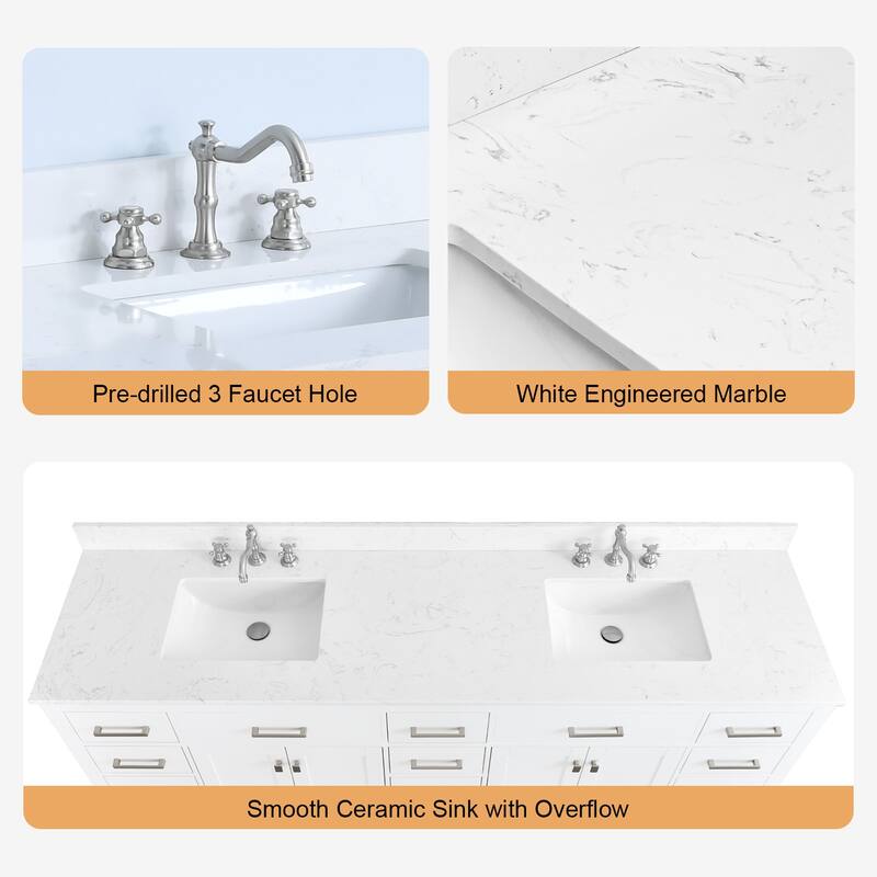 Prismatica Double Sink Bathroom Vanity 84 in White, Marble Countertop & Splash