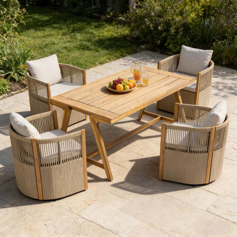 Christopher Knight Home - Maris 5-Piece Outdoor Acacia Wood Swivel Dining Set with 70.75" Rectangular Slat Table and Cushions