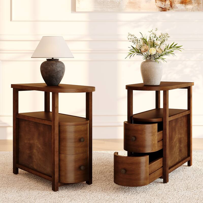 Solid Wood End Side Table with 2 Drawers, Fully Assembled - Walnut Brown( 2PC)
