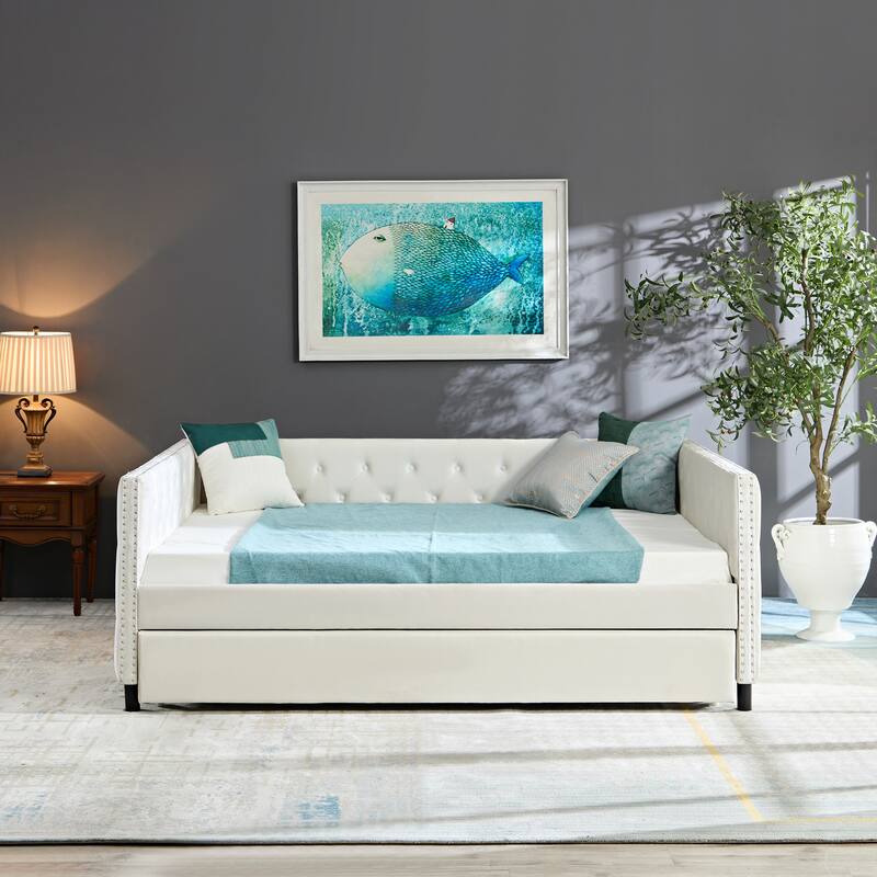 Full Size Velvet Daybed Upholstered Sofa Bed With Wheels, Button And Copper Nail - Beige