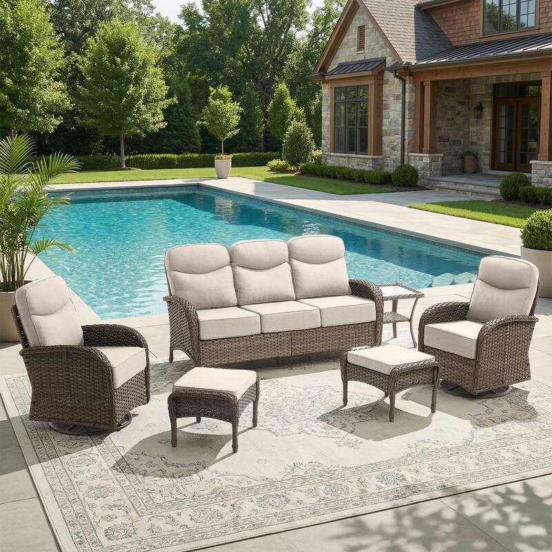 Pocassy Outdoor Wicker Patio Sofa with Swivel Chair and Ottomans - Brown Wicker Beige Cushion - 6-Piece Sofa Swivel Chiar with Ottoman