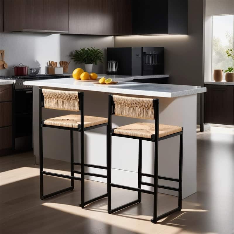 Modern Bar Stools with Metal Frame and Woven Seat(Set of 2) - N/A - Honey