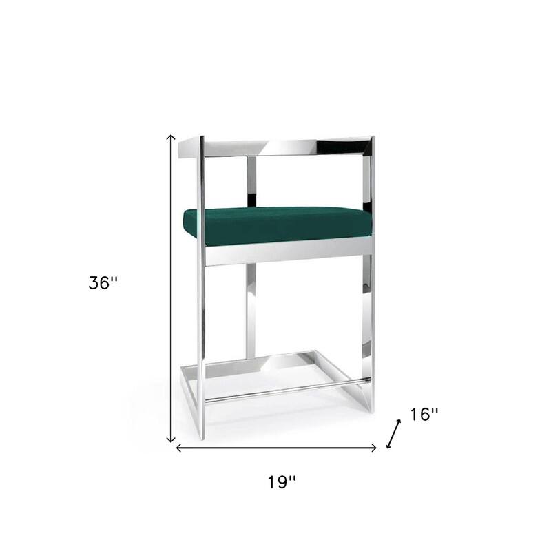 26" Green And Silver Velvet And Stainless Steel Low Back Counter Height Bar Chair