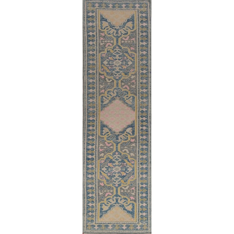 Hand Knotted Oriental 100% Wool Carpet Transitional Geometric Greys & Charcoal Oushak Runner Rug - 14' 1'' X 3' 2''