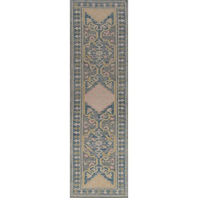 Hand Knotted Oriental 100% Wool Carpet Transitional Geometric Greys & Charcoal Oushak Runner Rug - 14' 1'' X 3' 2''