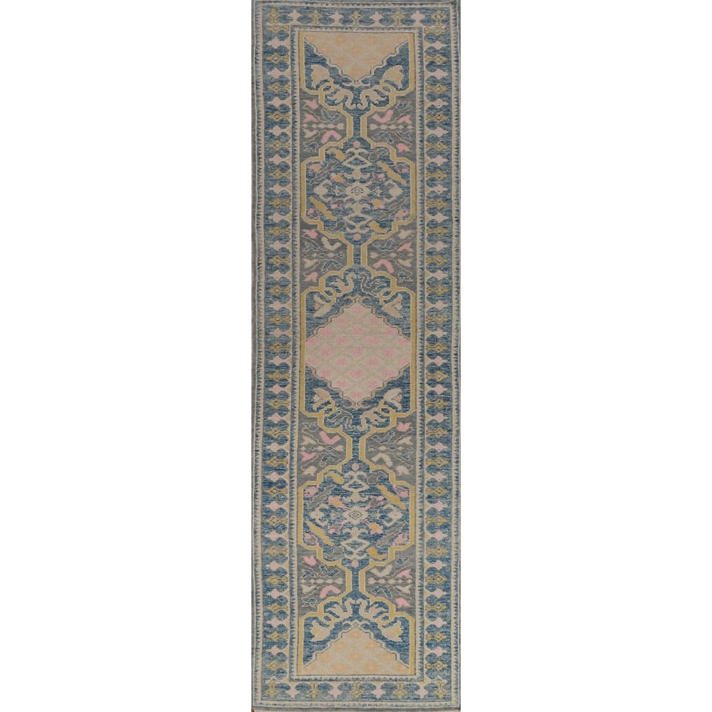 Hand Knotted Oriental 100% Wool Carpet Transitional Geometric Greys & Charcoal Oushak Runner Rug - 14' 1'' X 3' 2''