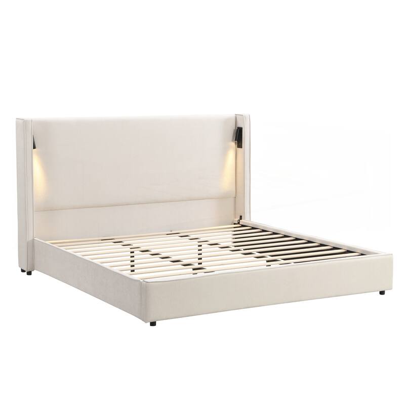 Upholstered Bed Frame with High Wingback Headboard