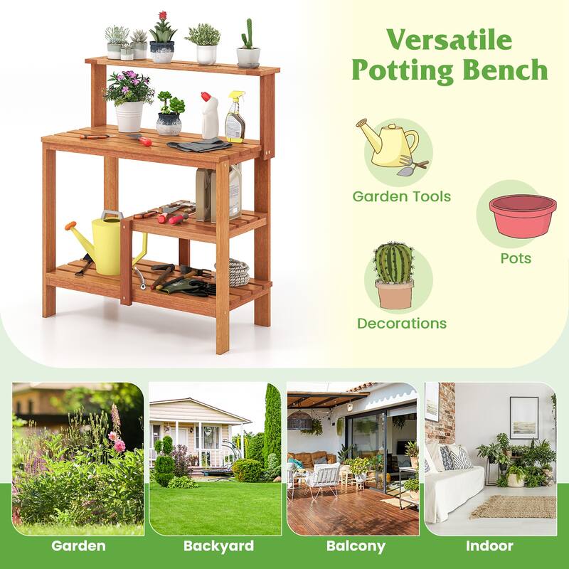 Gymax Outdoor Potting Bench Table w/Open Shelves Teak Oil Finish