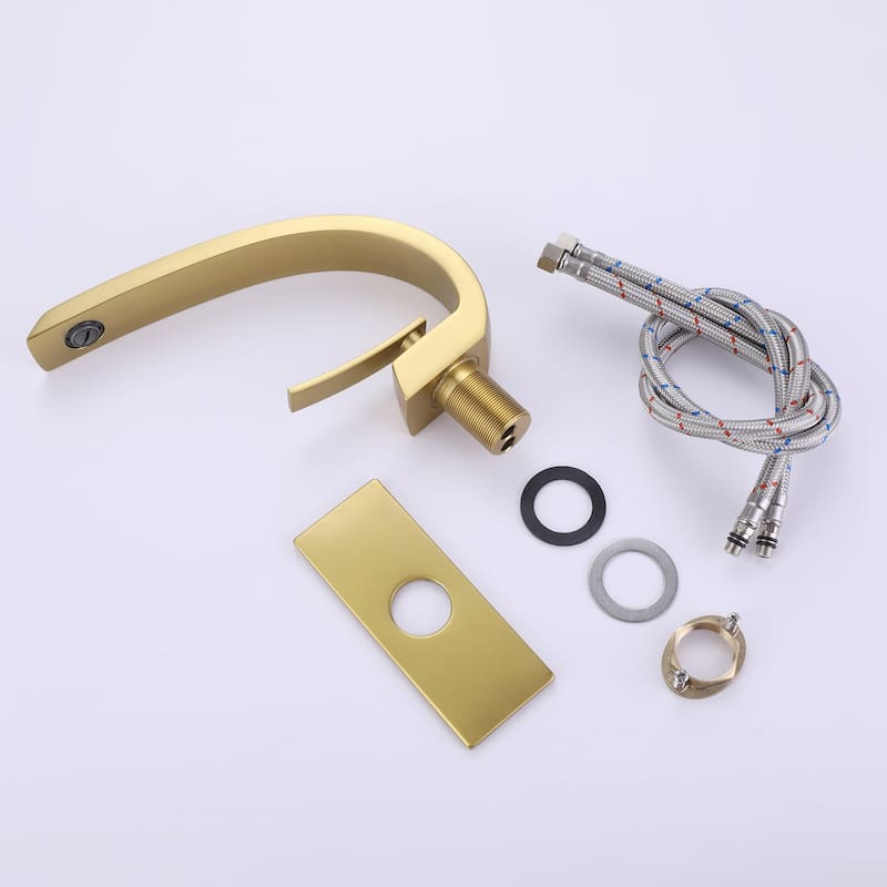 Modland Modern Single Hole Brushed Gold Bathroom Sink Faucet Curved Spout with Deck Plate