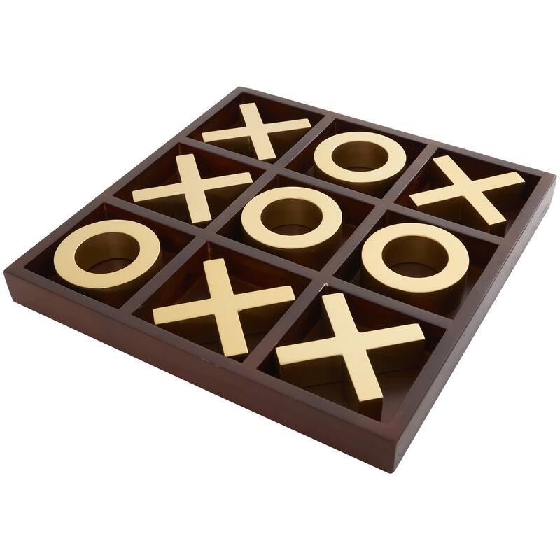 Wooden Tic Tac Toe Game Set with Gold X and O Pieces - Brown - Roche River Decor