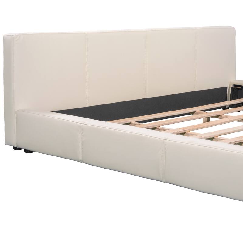 Modern Floor Bed Frame for Bedroom, Faux Leather Grounded Bed with Wood Slats Upholstered Platform Bed with Headboard for Adults