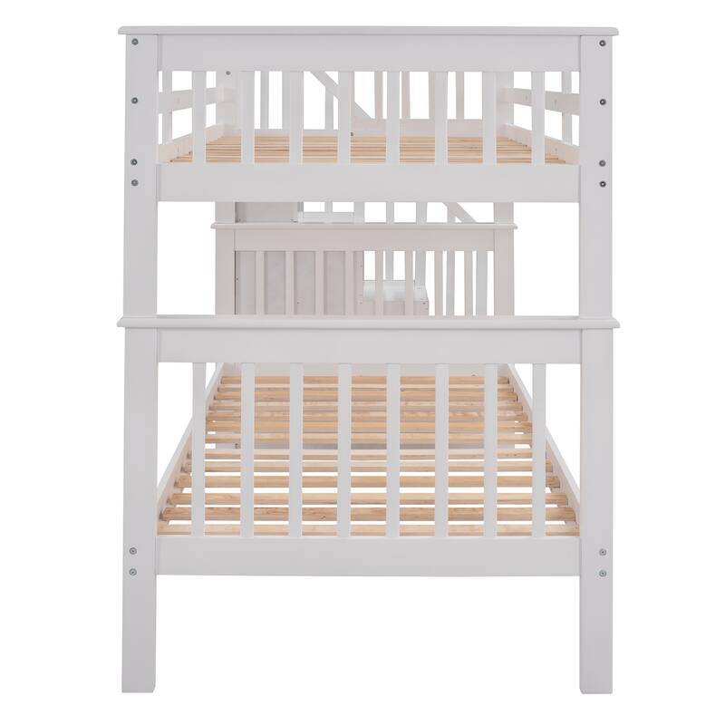 Twin-Over-Twin Bunk Bed with Stairs and Three Drawers, White - Space-Saving Bedroom Solution