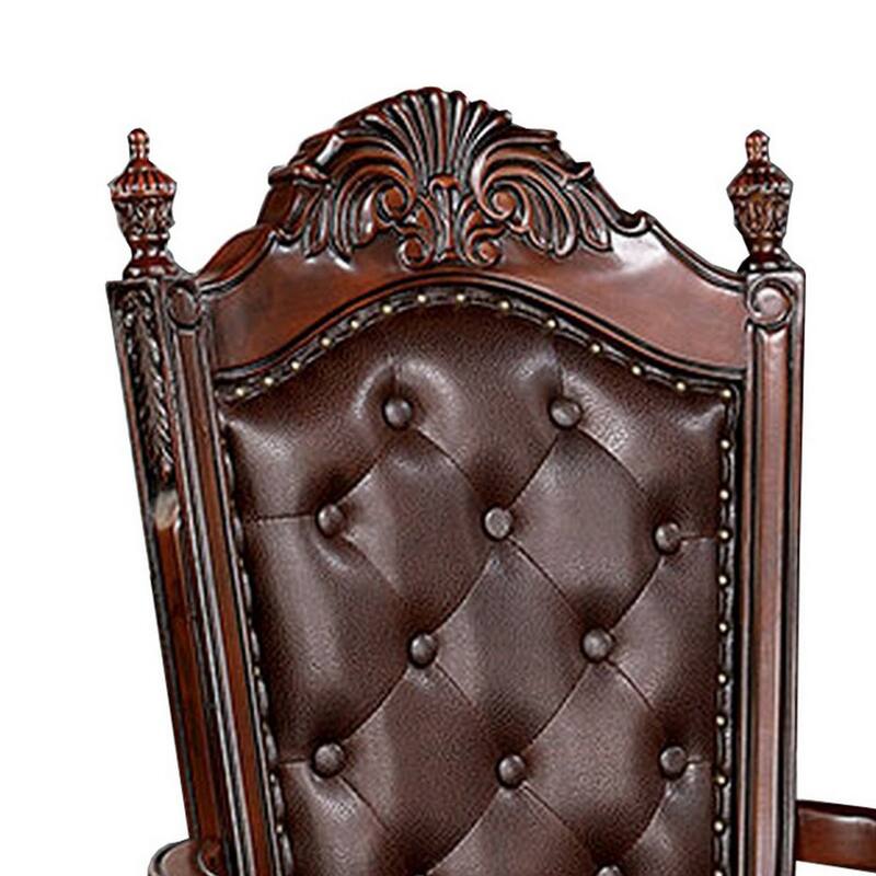 29 Inch Tufted Dining Armchair, Set of 2, Brown Faux Leather, Nailhead