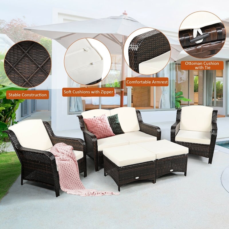 5 Pieces Patio Rattan Sofa Set with Cushion and Ottoman - 51" x 33.5" x 33" (L x W x H)