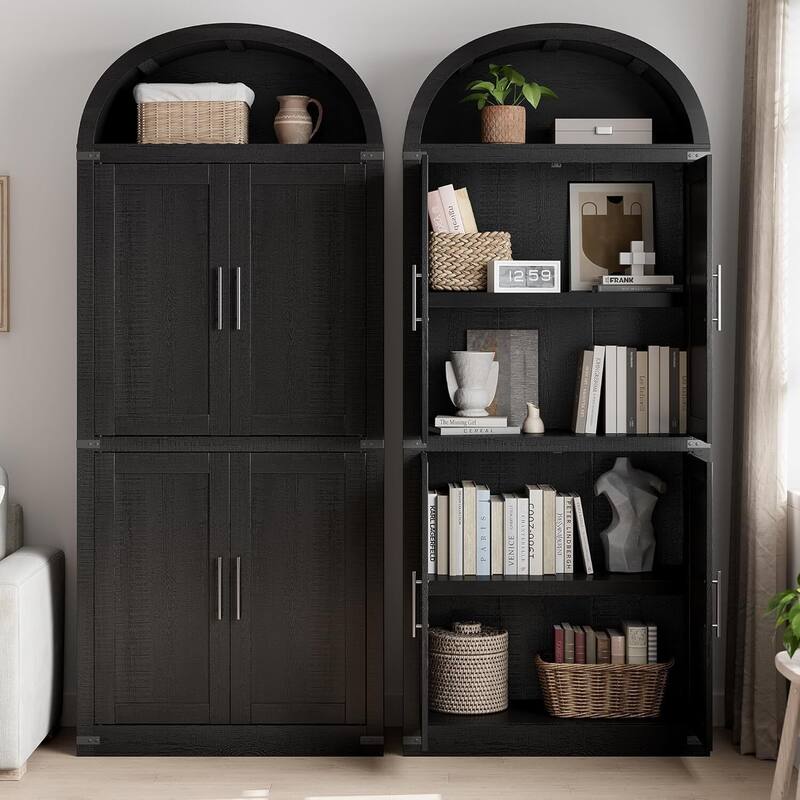 71" Tall Arched Bookshelf - Wooden Bookcase Storage Cabinet Rounded Display Storage Shelves Cabinet