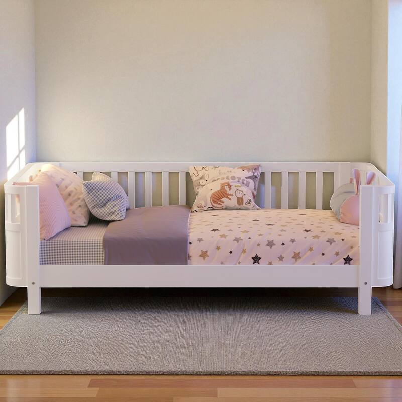 Wood Twin/Full Size Platform Bed with Safety Rails, Low Profile Kids Bed Frame for Girls and Boys