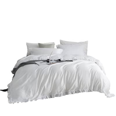 White Ruffle Duvet Cover, Fitted Bedding Set, 100% Cotton