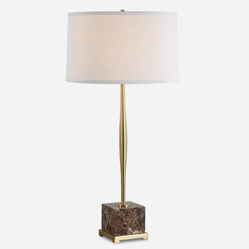 Square Marble Table Lamp with Drum Shade - 34.25" - Plated Antique Brass
