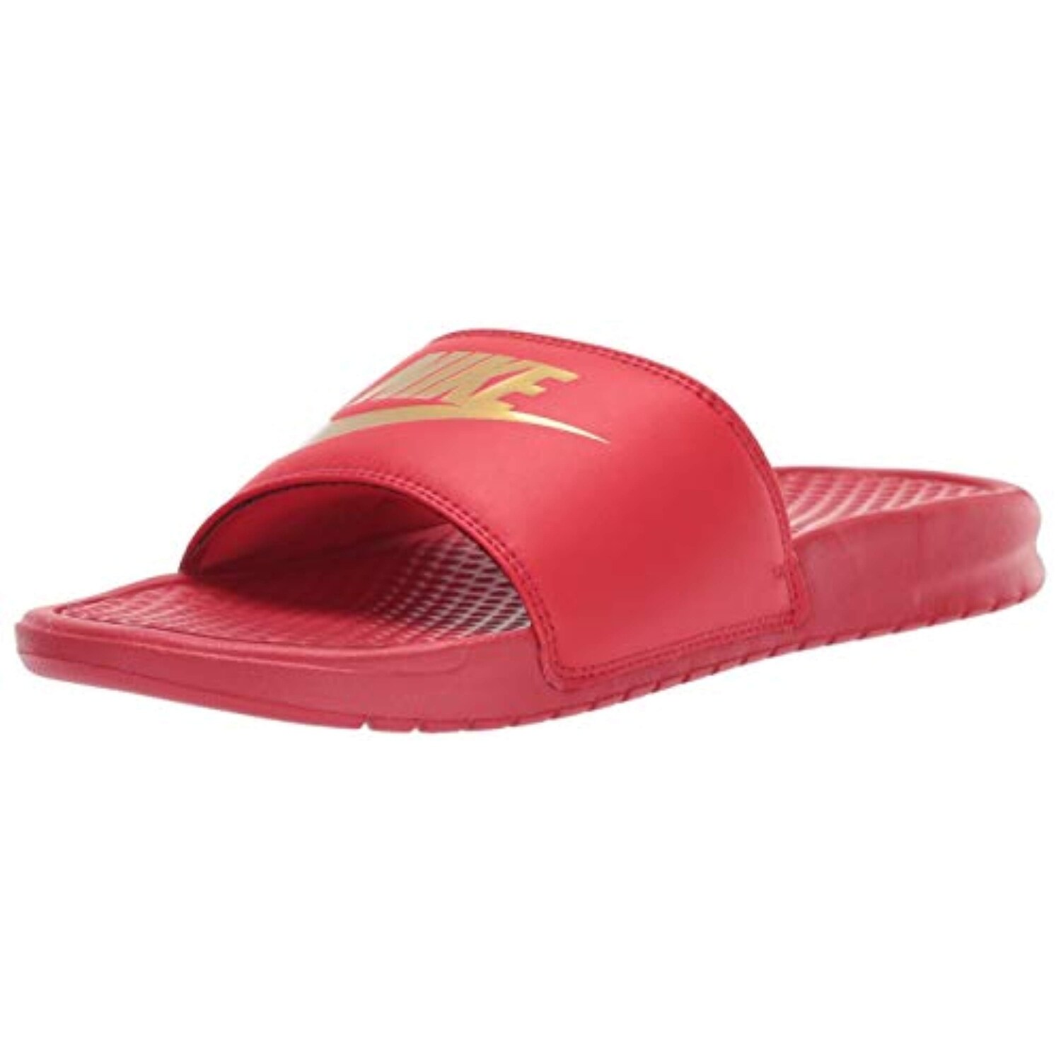 red gold nike flip flops
